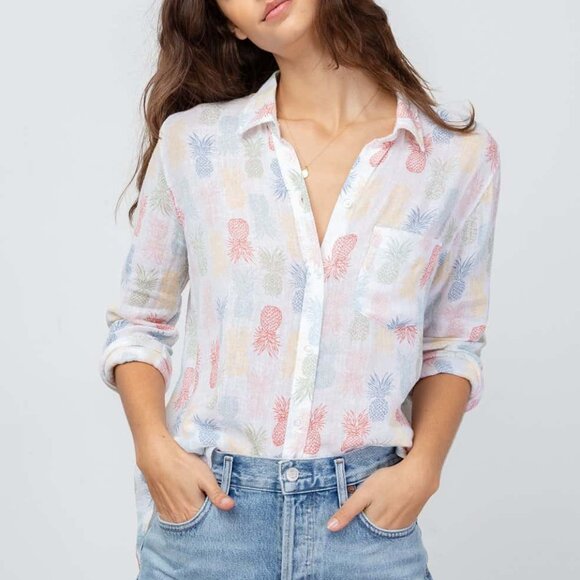 Rails Charli Rainbow Pinas Pineapple Novelty Print Linen Blend Button Down M - Picture 1 of 15